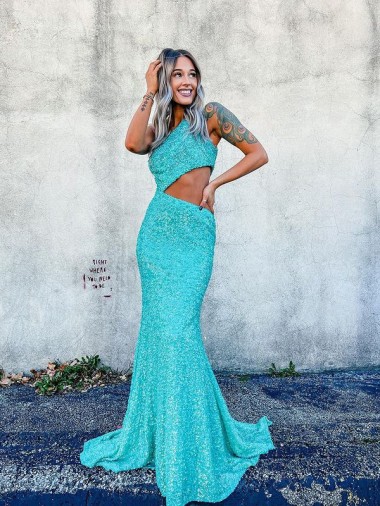Couleur affichée Sirène Balayage train Paillettes Velours Longue Robes de bal en Gros
