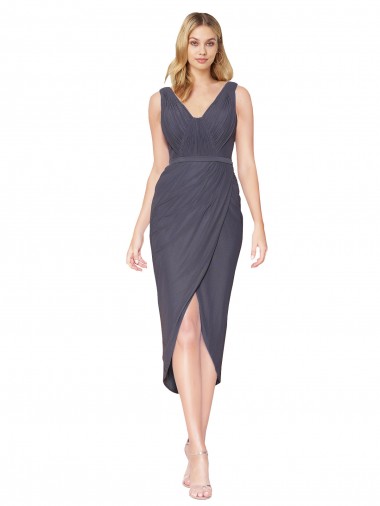 Gris ardoise Sirène Col V Mousseline Courte Asymétrique Robes demoiselle d'honneur / Robes de soirée / Robes de bal en Gros