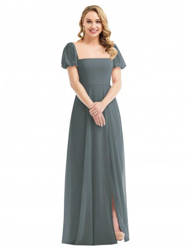 Gris ardoise Trapèze Col Carré Mousseline Longue Robes demoiselle d'honneur en Gros