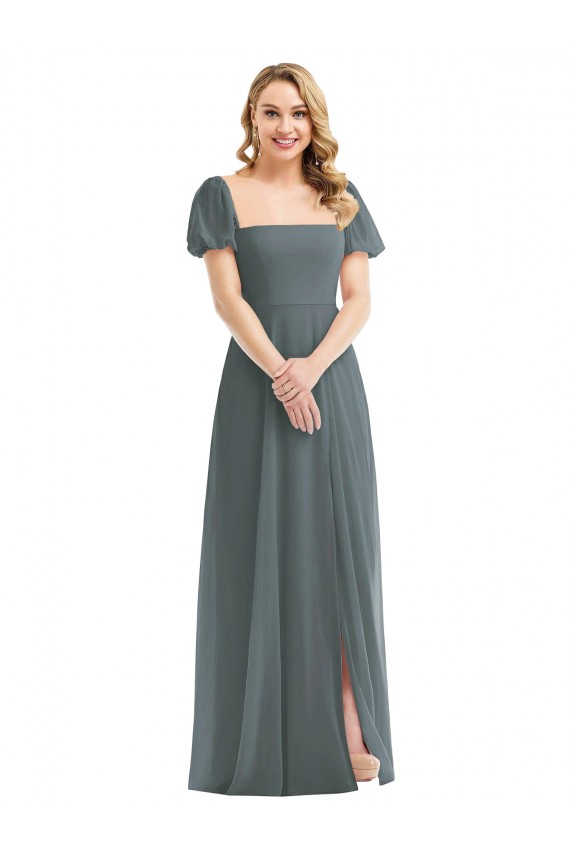 Gris ardoise Trapèze Col Carré Mousseline Longue Robes demoiselle d'honneur en Gros
