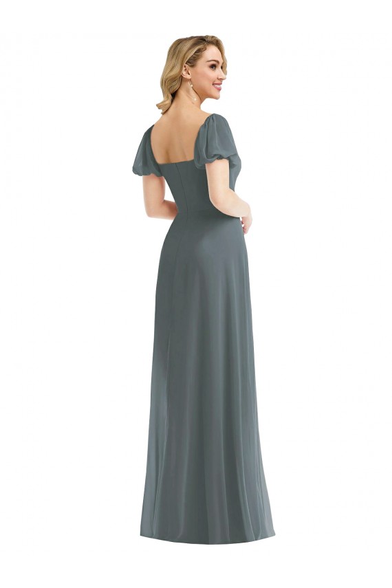 Gris ardoise Trapèze Col Carré Mousseline Longue Robes demoiselle d'honneur en Gros