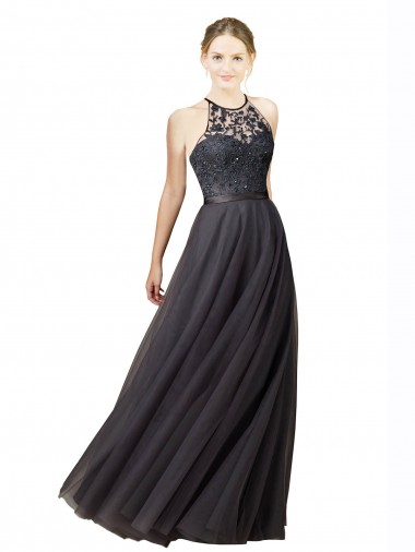 Gris ardoise Trapèze Tulle Dentelle Longue Robes demoiselle d'honneur en Gros
