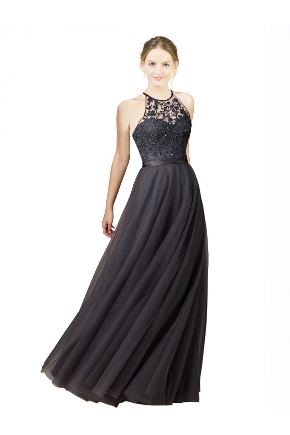 Gris ardoise Trapèze Tulle Dentelle Longue Robes demoiselle d'honneur en Gros