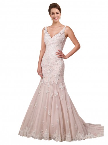 Ivoire & Blush Sirène Col V Tulle Dentelle Robes de mariée en Gros