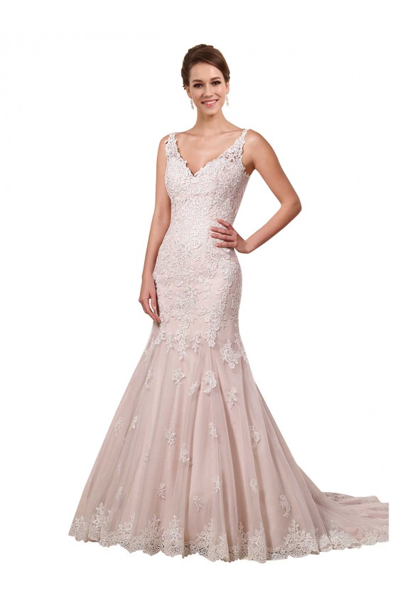 Ivoire & Blush Sirène Col V Tulle Dentelle Robes de mariée en Gros