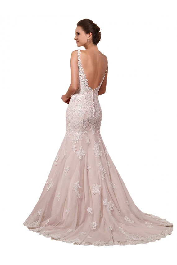 Ivoire & Blush Sirène Col V Tulle Dentelle Robes de mariée en Gros