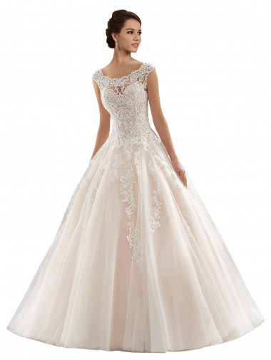 Ivoire & Champagne Princesse Bateau Tulle Dentelle Robes de mariée en Gros