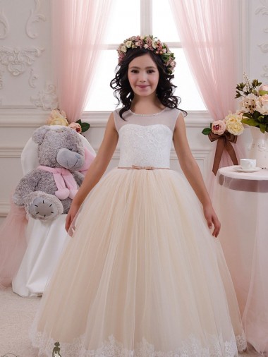 Ivoire & Champagne Princesse Tulle Dentelle Longue Robes de demoiselle d'honneur - fillette en Gros