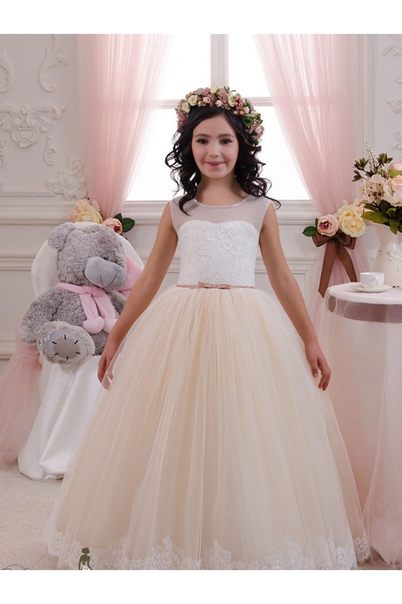 Ivoire & Champagne Princesse Tulle Dentelle Longue Robes de demoiselle d'honneur - fillette en Gros
