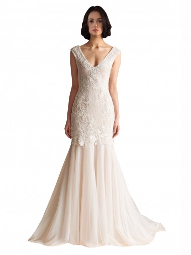 Ivoire & Champagne Sirène Col V Balayage train Tulle Robes de mariée en Gros