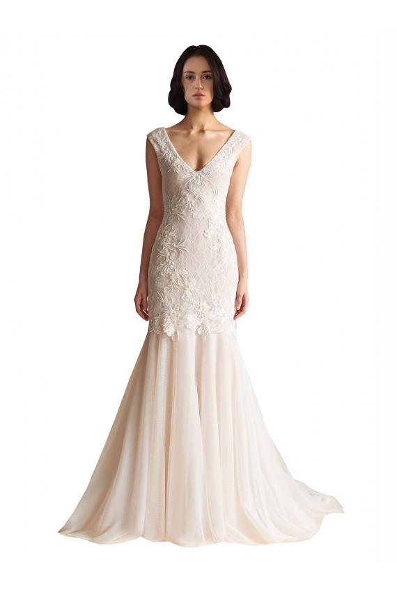 Ivoire & Champagne Sirène Col V Balayage train Tulle Robes de mariée en Gros
