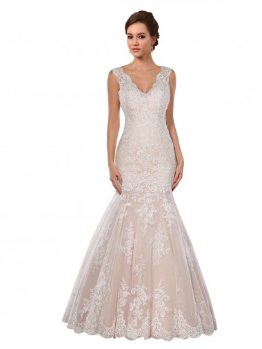 Ivoire & Champagne Sirène Col V Dentelle Classique Robes de mariée en Gros