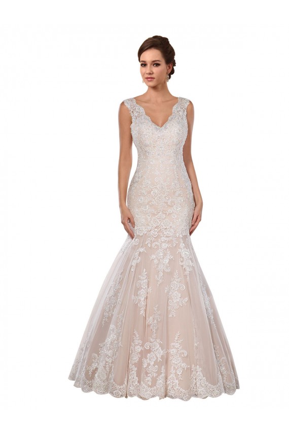 Ivoire & Champagne Sirène Col V Dentelle Classique Robes de mariée en Gros