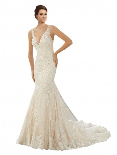 Ivoire & Champagne Sirène Col V Dentelle Robes de mariée en Gros