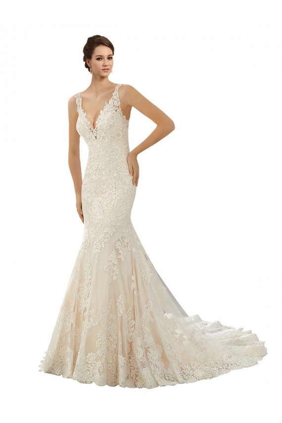 Ivoire & Champagne Sirène Col V Dentelle Robes de mariée en Gros