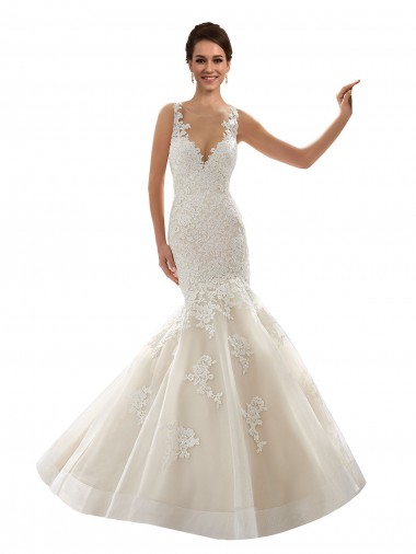 Ivoire & Champagne Sirène Col V Tulle Dentelle Classique Robes de mariée en Gros