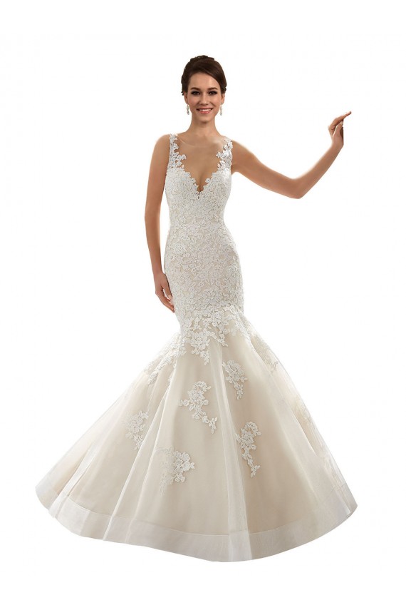 Ivoire & Champagne Sirène Col V Tulle Dentelle Classique Robes de mariée en Gros