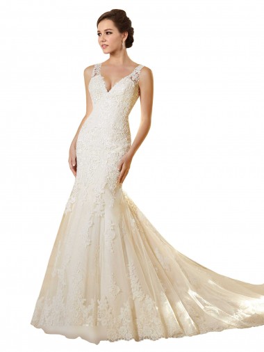 Ivoire & Champagne Sirène Col V Tulle Dentelle Robes de mariée en Gros