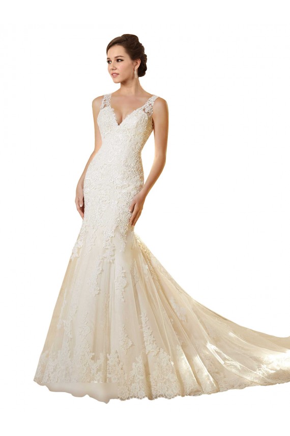 Ivoire & Champagne Sirène Col V Tulle Dentelle Robes de mariée en Gros