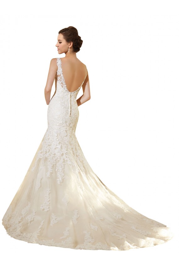 Ivoire & Champagne Sirène Col V Tulle Dentelle Robes de mariée en Gros