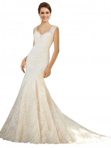Ivoire & Champagne Sirène Col V Tulle Dentelle Robes de mariée en Gros
