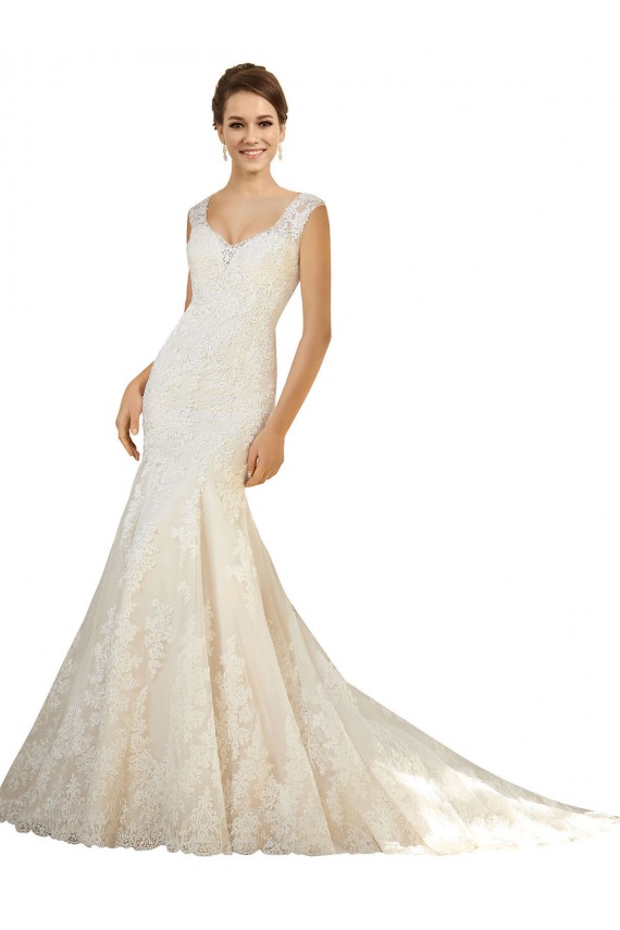Ivoire & Champagne Sirène Col V Tulle Dentelle Robes de mariée en Gros