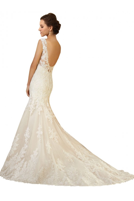 Ivoire & Champagne Sirène Col V Tulle Dentelle Robes de mariée en Gros