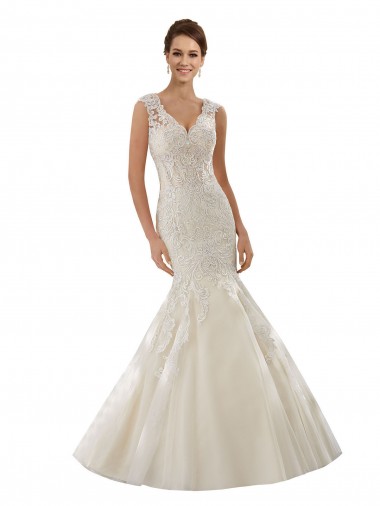 Ivoire & Champagne Sirène Col V Tulle Dentelle Robes de mariée en Gros