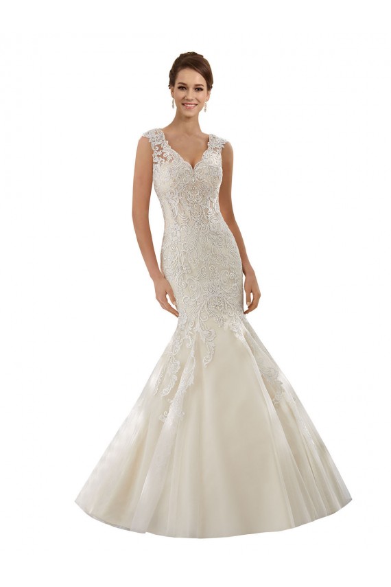 Ivoire & Champagne Sirène Col V Tulle Dentelle Robes de mariée en Gros
