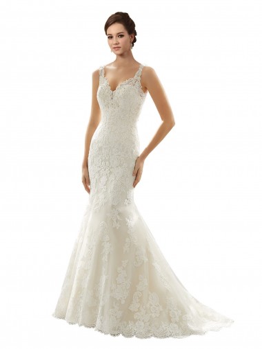 Ivoire & Champagne Sirène Col V Tulle Dentelle Robes de mariée en Gros
