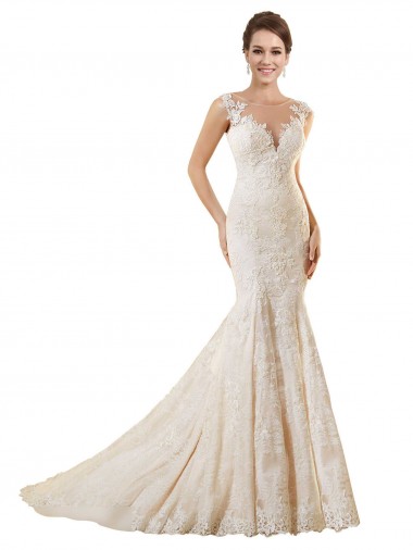 Ivoire & Champagne Sirène Illusion Dentelle Robes de mariée en Gros