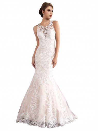 Ivoire & Champagne Sirène Illusion Traîne cathédrale Tulle Dentelle Robes de mariée en Gros