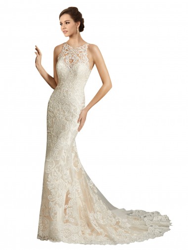 Ivoire & Champagne Sirène Illusion Tulle Dentelle Classique Robes de mariée en Gros