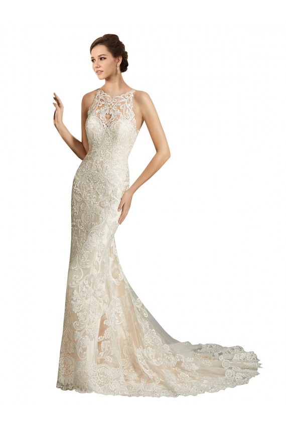 Ivoire & Champagne Sirène Illusion Tulle Dentelle Classique Robes de mariée en Gros