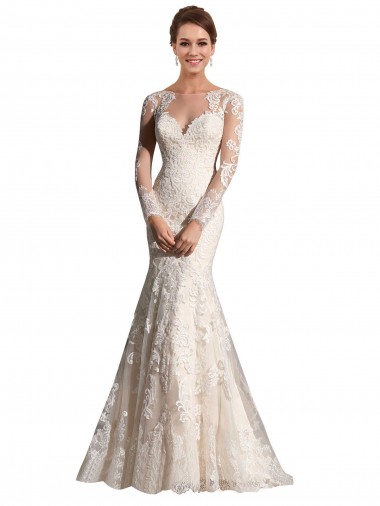 Ivoire & Champagne Sirène Illusion Tulle Dentelle Robes de mariée en Gros