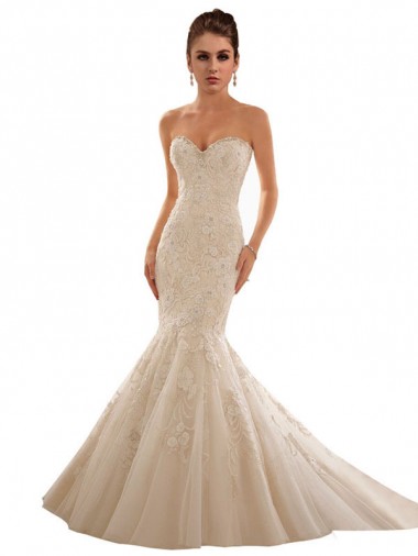 Ivoire & Champagne Sirène Tulle Dentelle Robes de mariée en Gros