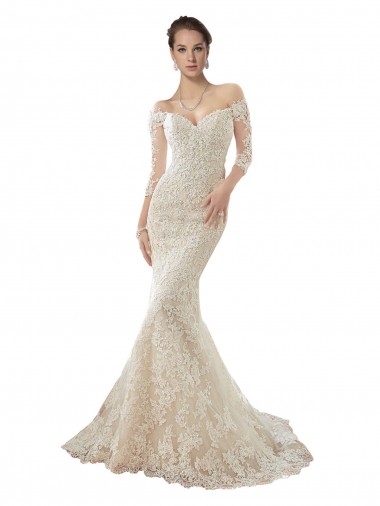Ivoire & Champagne Sirène Épaule Dénudée Tulle Dentelle Robes de mariée en Gros