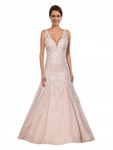 Ivoire & Champagne Trapèze Col V Dentelle Classique Robes de mariée en Gros