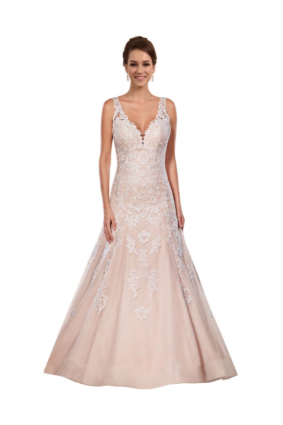Ivoire & Champagne Trapèze Col V Dentelle Classique Robes de mariée en Gros