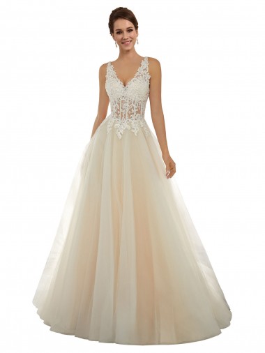 Ivoire & Champagne Trapèze Col V Tulle Dentelle Classique Robes de mariée en Gros