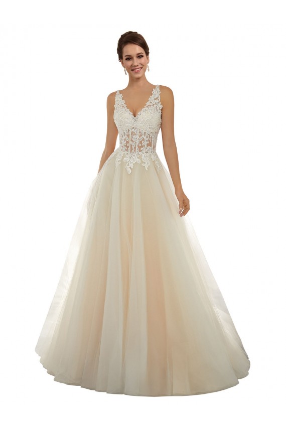 Ivoire & Champagne Trapèze Col V Tulle Dentelle Classique Robes de mariée en Gros