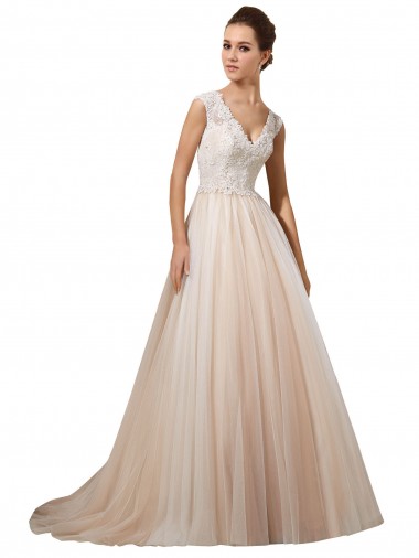 Ivoire & Champagne Trapèze Col V Tulle Dentelle Robes de mariée en Gros
