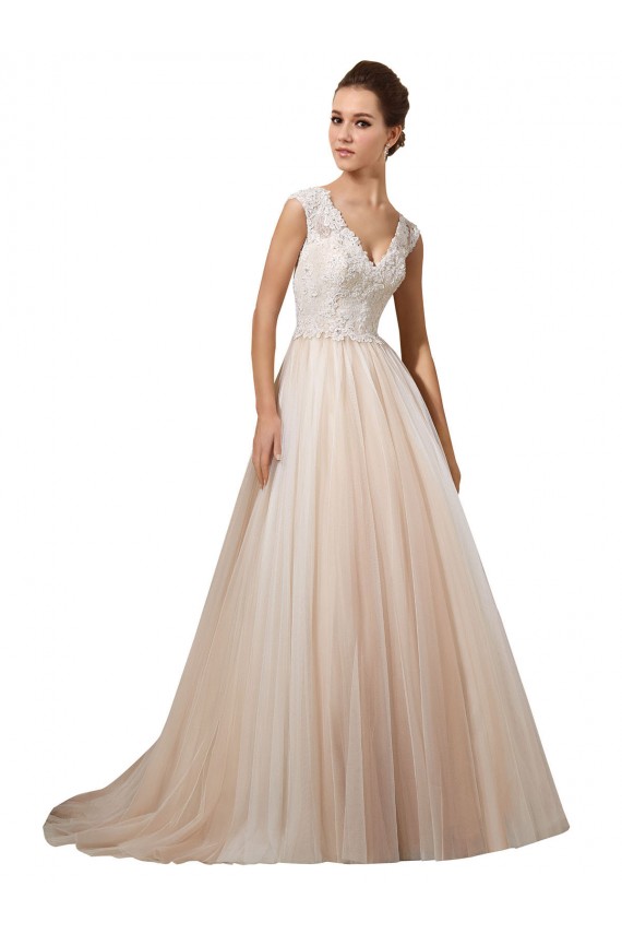 Ivoire & Champagne Trapèze Col V Tulle Dentelle Robes de mariée en Gros