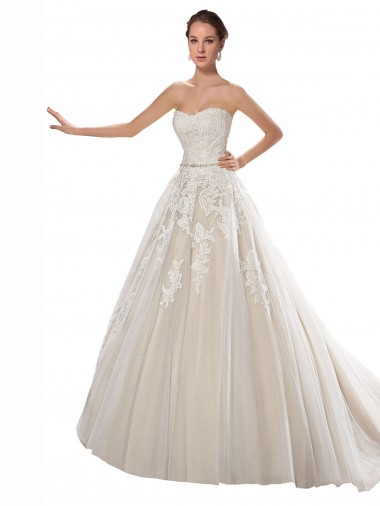 Ivoire & Champagne Trapèze Sans bretelle Tulle Dentelle Robes de mariée en Gros