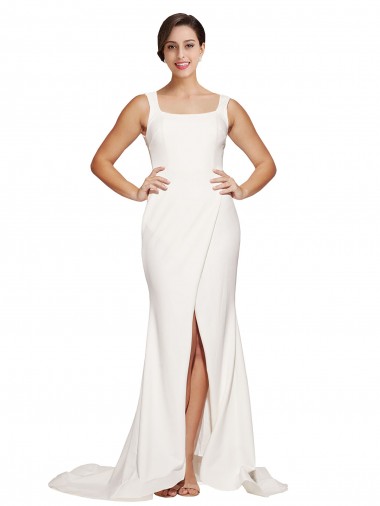 Ivoire Fourreau Col Carré Balayage train Crêpe Stretch Longue Robes demoiselle d'honneur / Robes de bal en Gros