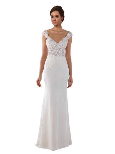 Ivoire Fourreau Col V Dentelle Crêpe Stretch Robes de mariée en Gros