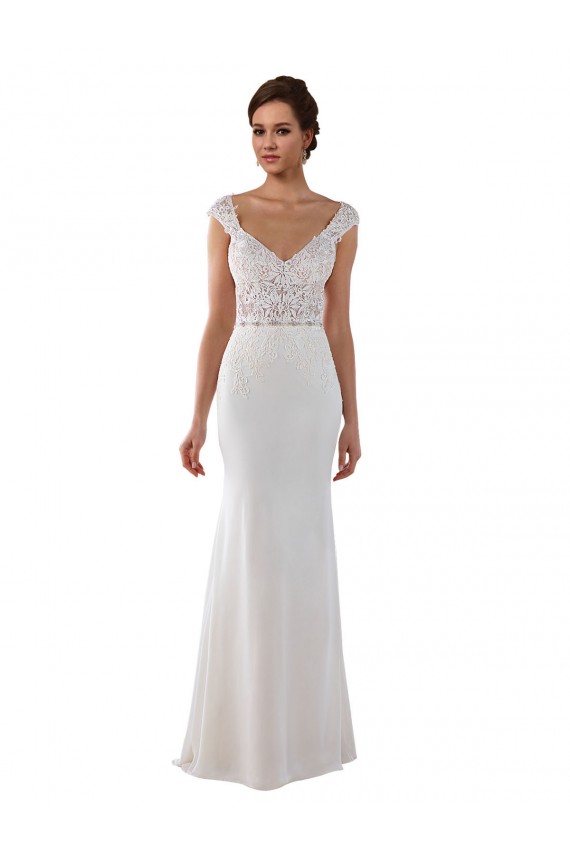 Ivoire Fourreau Col V Dentelle Crêpe Stretch Robes de mariée en Gros