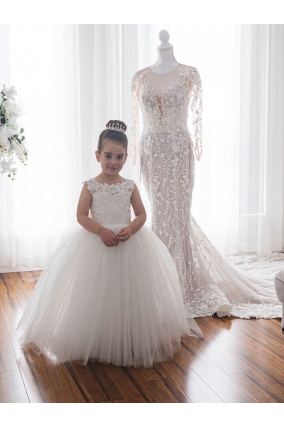 Ivoire Princesse Bateau Tulle Dentelle Longue Robes de demoiselle d'honneur - fillette en Gros