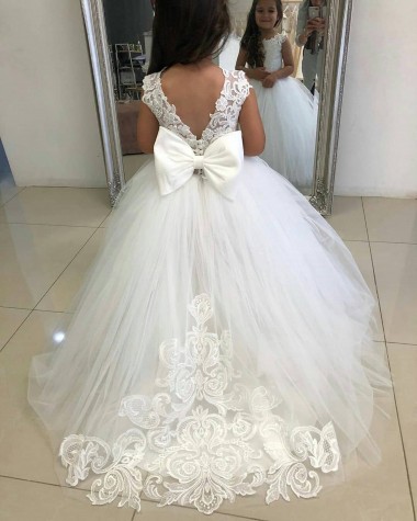 Ivoire Princesse Bateau Tulle Dentelle Longue Robes de demoiselle d'honneur - fillette en Gros