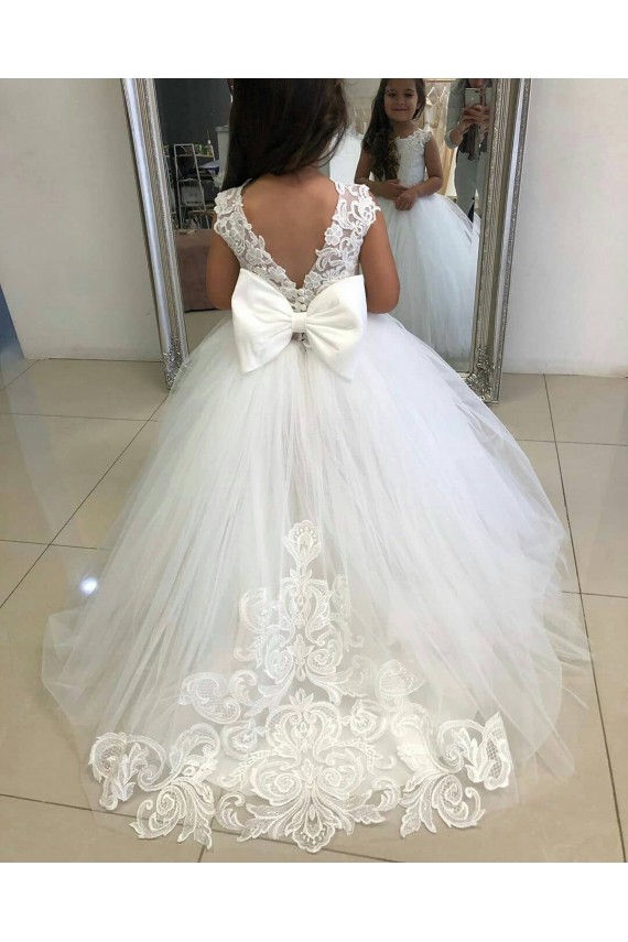 Ivoire Princesse Bateau Tulle Dentelle Longue Robes de demoiselle d'honneur - fillette en Gros